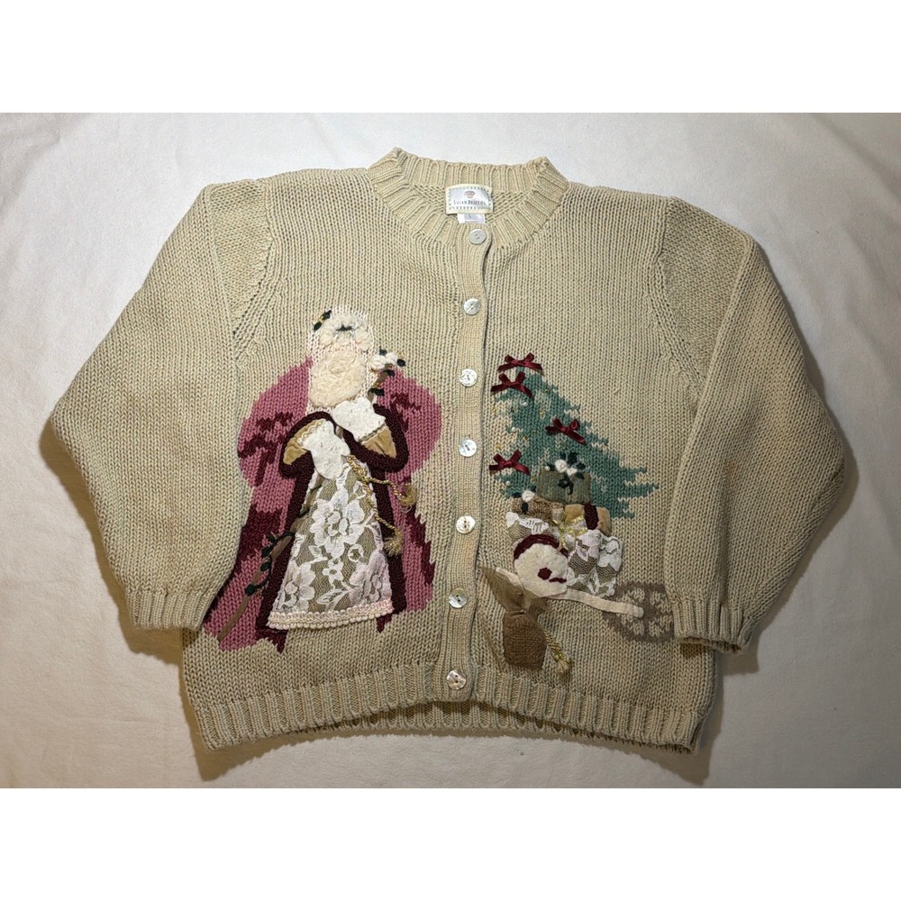 Susan Bristol Vintage 1997 Christmas Cardigan Santa Tree Hand Embroidered Tan L